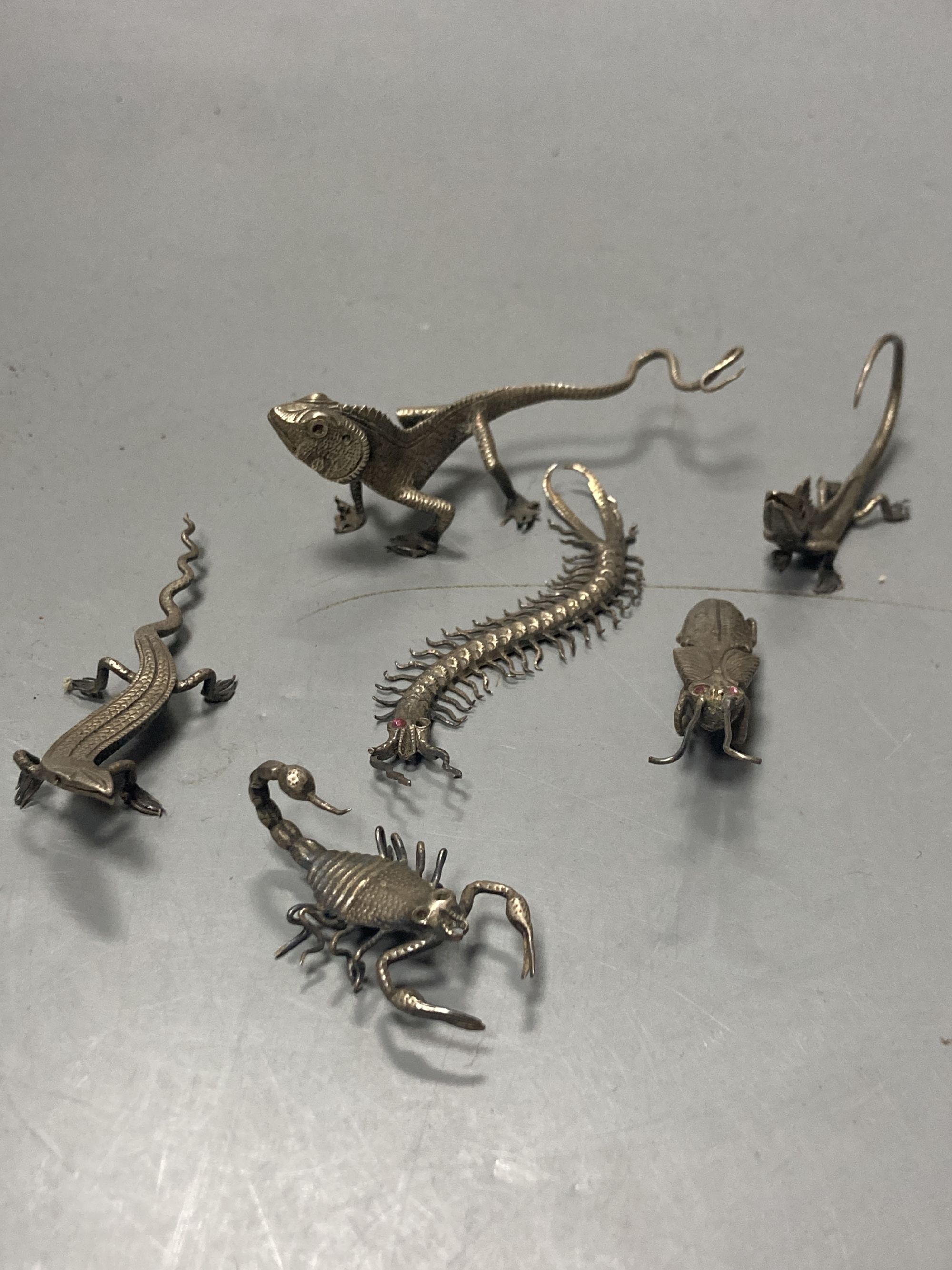 Five Indian? white metal miniature models of insects etc. including lizards, centipede and a scorpion, largest 87mm.